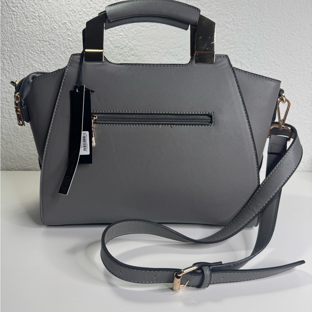 Chic Gray Satchel with Gold Accents